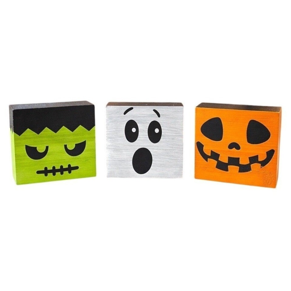 Halloween Wood Blocks Decor Set Frankenstein Ghost Pumpkin Shelf Sitter Handmade